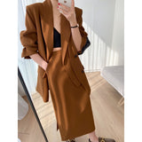 Amozae brown fur boots outfit 2024 Autumn and Winter Suit Jacket Women's Korean-Style Fashionable Temperament Draping Not Wrinkle Hip Skirt Two-Piece Suit Fashion