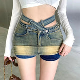 concert outfit American Retro Denim Skirt Women's Cross Design Hollow-out Spring and Summer New High Waist A- Line Sheath Short Skirt