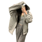 tomboy outfit American Casual Gray Hooded Zipper Cardigan Sweater for Women 2024 Autumn New Loose Lazy Style Coat