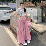 church outfit 2024 Summer New Pink Plaid Casual Umbrella Skirt Women's Niche Design Lace-up High Waist All-Match Fluffy Dress