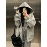 tomboy outfit American Casual Gray Hooded Zipper Cardigan Sweater for Women 2024 Autumn New Loose Lazy Style Coat