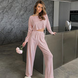 casual summer outfits Summer Knitted Stretch Cropped Long-Sleeved Trousers Two-Piece Women's Home Wear Breathable Simple Comfortable