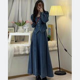 Amozae classy winter outfits 2024 Spring New High-Grade Square Collar Denim Coat Women's Retro Goddess Style Skirt Two-Piece Suit Women