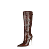 Pointed Toe Iron Heel Knee-High Boots Stone Pattern 4647 plus Size Stiletto Heel Metal Heel Fashion Boots