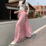 church outfit 2024 Summer New Pink Plaid Casual Umbrella Skirt Women's Niche Design Lace-up High Waist All-Match Fluffy Dress