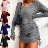 winter outfits men Dress Women's Sweater Skirt Bottoming Skirt Sexy Slim Thread Skirt Pleated Drawstring