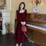 christmas outfit men Winter French Retro Square Collar High-Grade Hepburn Style Wine Red Velvet Dress Dress