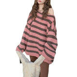 sweater Autumn and Winter New Retro Striped off-Neck Sweater Loose Lazy Style Age-Reducing Versatile Pullover Sweater for Women