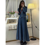 Amozae classy winter outfits 2024 Spring New High-Grade Square Collar Denim Coat Women's Retro Goddess Style Skirt Two-Piece Suit Women