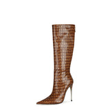 Pointed Toe Iron Heel Knee-High Boots Stone Pattern 4647 plus Size Stiletto Heel Metal Heel Fashion Boots