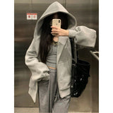 tomboy outfit American Casual Gray Hooded Zipper Cardigan Sweater for Women 2024 Autumn New Loose Lazy Style Coat