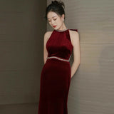 christmas outfit men Bridal Dress Wine Red High-Grade Niche Velvet Fishtail Elegant Halter Engagement Wedding Evening Dress for Women