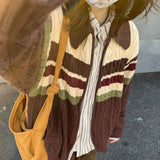 college outfits American Retro Twist Sweater Women's Autumn and Winter Lazy Style Loose Cardigan Striped Contrast Color Double Zipper Sweater Coat