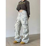 concert outfit New Style Washed Retro Design Multi-Pocket Overalls Women's Fashionable Straight Loose Mop Jeans