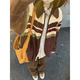 college outfits American Retro Twist Sweater Women's Autumn and Winter Lazy Style Loose Cardigan Striped Contrast Color Double Zipper Sweater Coat