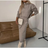 winter outfits men Solid Color Turtleneck Knitted Hip Skirt Suit Comfortable Casual Turtleneck Split Long Sleeve Dress Two-Piece Set