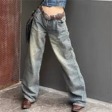 2000s fashion Washed Retro Loose Flared Jeans Women's Autumn Slimming High Waist Distressed Loose All-Match Low Waist Trousers