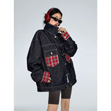 90s streetwear American Plaid Pocket Stitching Denim Coat Women's Spring and Autumn Tangram Contrast Color Couple Lapel Jacket Fashion