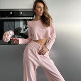 casual summer outfits Summer Knitted Stretch Cropped Long-Sleeved Trousers Two-Piece Women's Home Wear Breathable Simple Comfortable