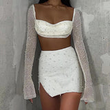 birthday outfit  Knitted Beaded Square Collar Long-Sleeved Top Skirt Suit Spring Women's Sexy Navel Skirt for Women