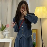 Amozae classy winter outfits 2024 Spring New High-Grade Square Collar Denim Coat Women's Retro Goddess Style Skirt Two-Piece Suit Women