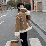 fall outfits women Brown Deerskin Fur Integrated Motorcycle Clothing Short Coat Women's Winter New Fleece-lined Thickened Lamb Wool Cotton-Padded Coat