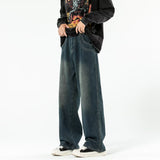 90s streetwear National Fashion Retro Blue Washed Jeans Men's Korean-Style Spring and Autumn Loose Washed Straight Wide-Leg Mop Pants