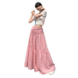 church outfit 2024 Summer New Pink Plaid Casual Umbrella Skirt Women's Niche Design Lace-up High Waist All-Match Fluffy Dress