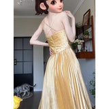 dress Golden Velvet Dress Sling Pleated 2024 Autumn and Winter New Socialite Fashion Elegant Elegant High-End Light Luxury