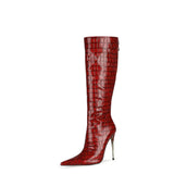 Pointed Toe Iron Heel Knee-High Boots Stone Pattern 4647 plus Size Stiletto Heel Metal Heel Fashion Boots