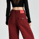 business casual outfits Maillard Angora Red Wide Leg Denim Pants High Waist Loose Slimming Straight Mop Pants Autumn