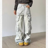 concert outfit New Style Washed Retro Design Multi-Pocket Overalls Women's Fashionable Straight Loose Mop Jeans