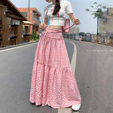 church outfit 2024 Summer New Pink Plaid Casual Umbrella Skirt Women's Niche Design Lace-up High Waist All-Match Fluffy Dress