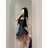 fall 2024 fashion trends 2024 Summer New Hot Girl Vintage Rose Floral Stitching Denim Dress Women's Frayed Waist Tube Top Skirt