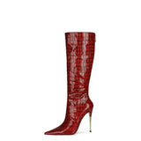 Pointed Toe Iron Heel Knee-High Boots Stone Pattern 4647 plus Size Stiletto Heel Metal Heel Fashion Boots