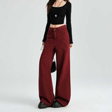 business casual outfits Maillard Angora Red Wide Leg Denim Pants High Waist Loose Slimming Straight Mop Pants Autumn