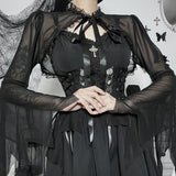 pretty halloween costumes Cf194 Dark Style Short See-through Top Women's Lace Stitching Lace-up Burnt-out Cuff Blouse