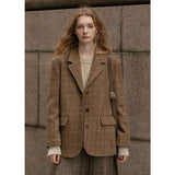 fall outfits women Maillard Retro Brown Plaid Long-Sleeved Suit for Women 2024 Autumn and Winter New Loose Thick Coat