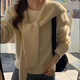 business casual outfits Autumn and Winter Loose Korean Chic Retro Simple round Neck Women's Knitted Pullover Sweater + Shawl Two-Piece Set