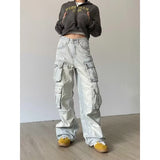 concert outfit New Style Washed Retro Design Multi-Pocket Overalls Women's Fashionable Straight Loose Mop Jeans