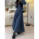 Amozae classy winter outfits 2024 Spring New High-Grade Square Collar Denim Coat Women's Retro Goddess Style Skirt Two-Piece Suit Women