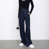 2024 fall fashion trends Retro Hong Kong Style Dark Blue Imitation Jeans Slim Straight Draping Casual Pants Suit Pants Women's Dark Wide Leg Pants