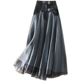 Amozae bossy drees to impress Fall 2024 Japanese and Korean New Stitching Mesh High Waist Skirt Draping Slimming Mid-Length A- line Swing Skirt