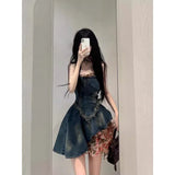 fall 2024 fashion trends 2024 Summer New Hot Girl Vintage Rose Floral Stitching Denim Dress Women's Frayed Waist Tube Top Skirt