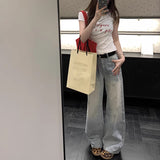 college outfits Cold Senior Schoolmate American Retro Crease Washed Jeans Women's Summer High Waist Straight Pants Trousers 2024 New