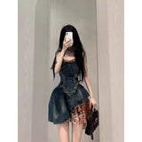 fall 2024 fashion trends 2024 Summer New Hot Girl Vintage Rose Floral Stitching Denim Dress Women's Frayed Waist Tube Top Skirt