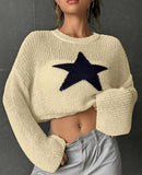 grunge outfits American Retro Star Pattern round Neck Pullover Sweater Autumn and Winter Casual off-Shoulder Navel Hollow Sweater Women's Clothing