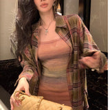 grunge outfits Autumn and Winter New Loose Coat Design Sense Niche Retro Versatile Slimming Plaid Long Sleeve Shirt