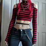 1980s fashion trends Contrast Color Striped off-the-Shoulder Slim-Fit Short Knitted Long-Sleeved T-shirt Top Spring New