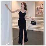 Amozae-dress to impress party dress nye outfits Black v-neck slit long dress YM1254